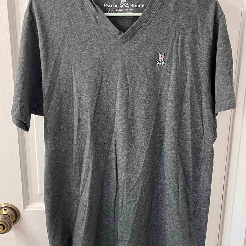 Psycho Bunny Charcoal Gray V-Neck Tee with Pink Bunny Logo
